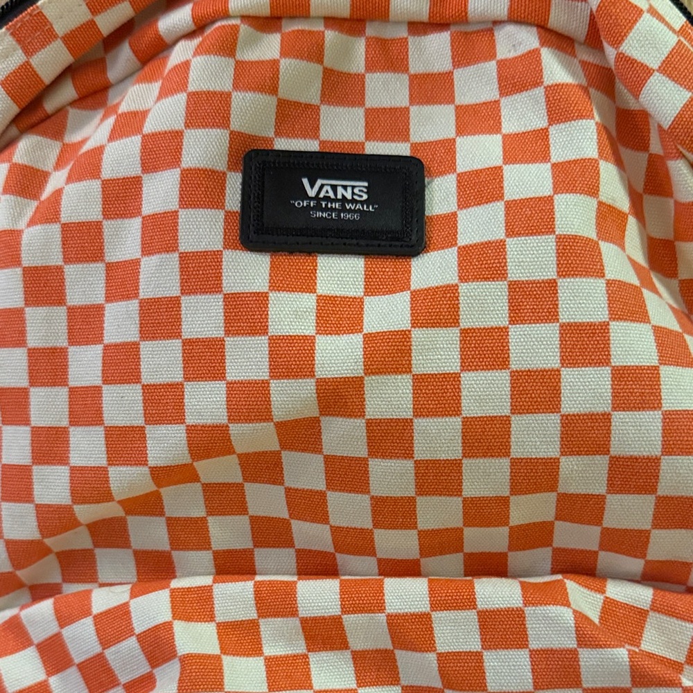 Vans Orange and White Checkerboard Backpack with Black Patch - Picture 2 of 4